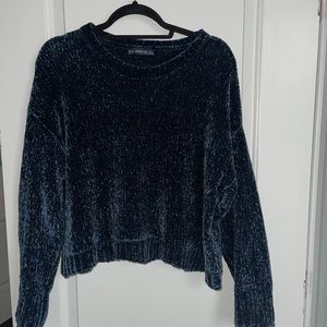 Zara Blue Velvet Chenille Knit Cropped Sweater